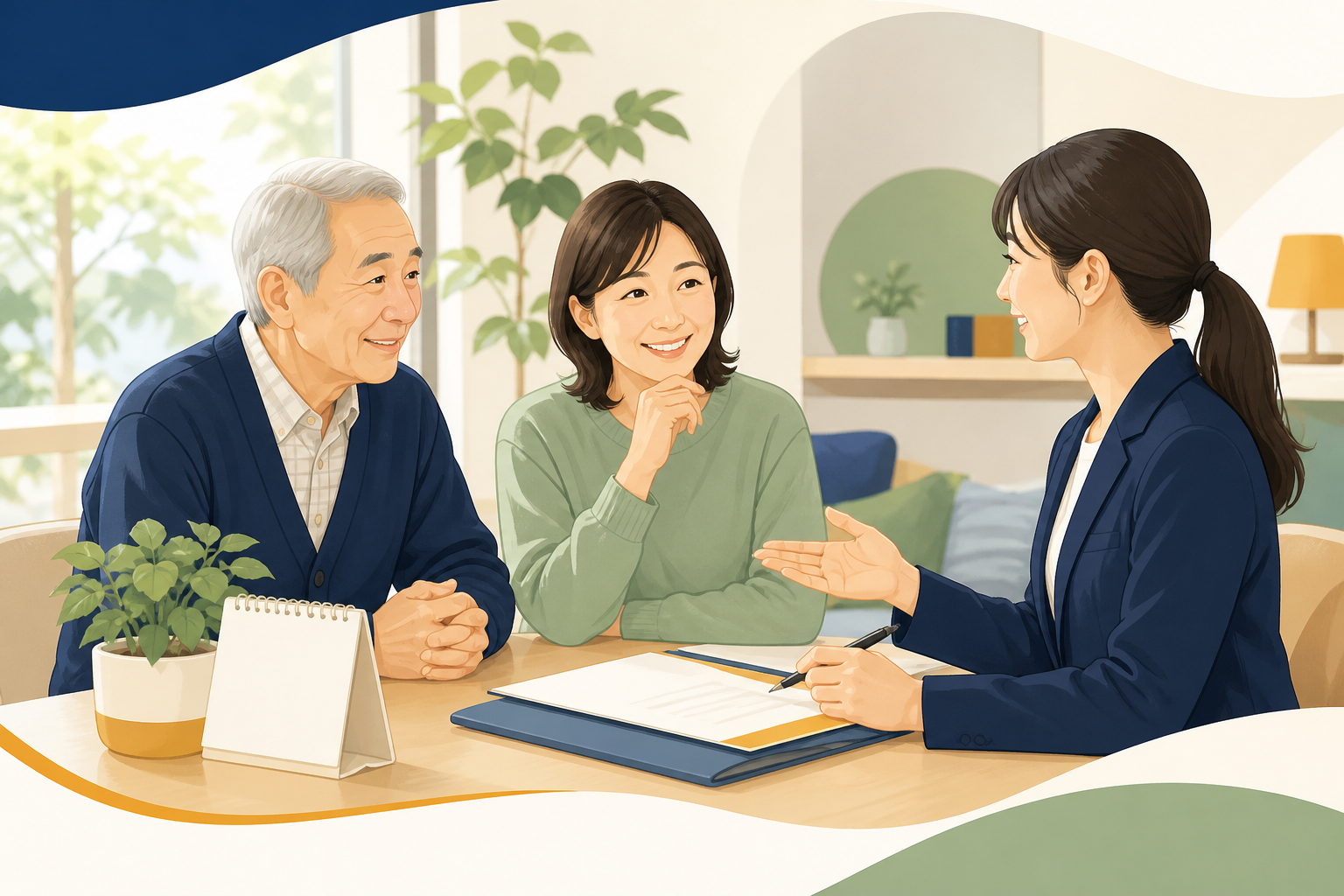 高齢の親と家族がケアマネジャーに介護サービスの相談をしている様子