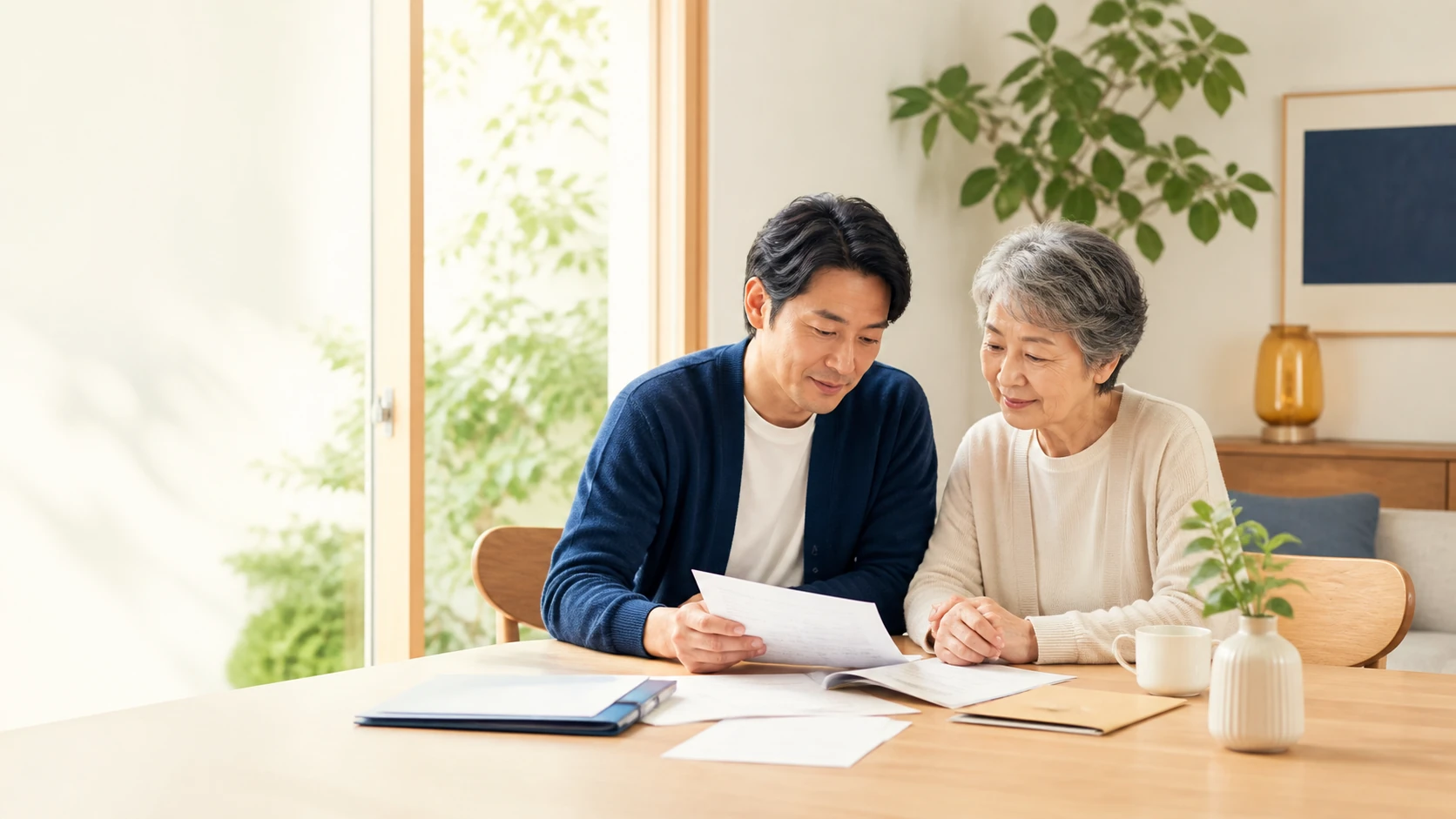 親子がテーブルで介護や親の手続きに関する書類を一緒に確認している様子