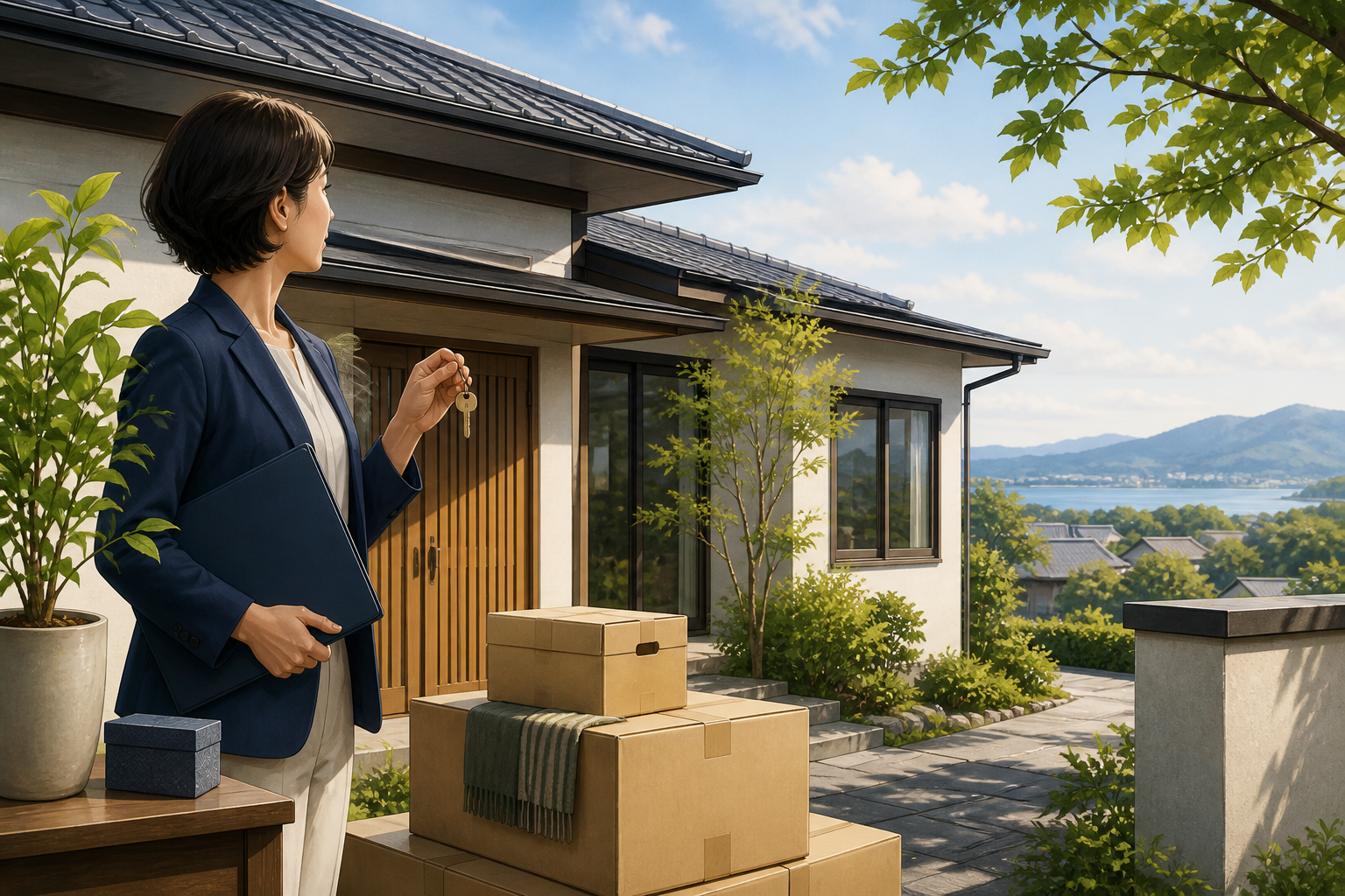家族の住んでいた日本の家と荷造りした箱を前に鍵と書類を持つ家族の様子