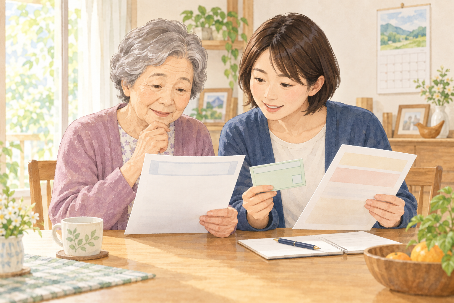 要介護認定の結果通知と介護保険証を確認する親子