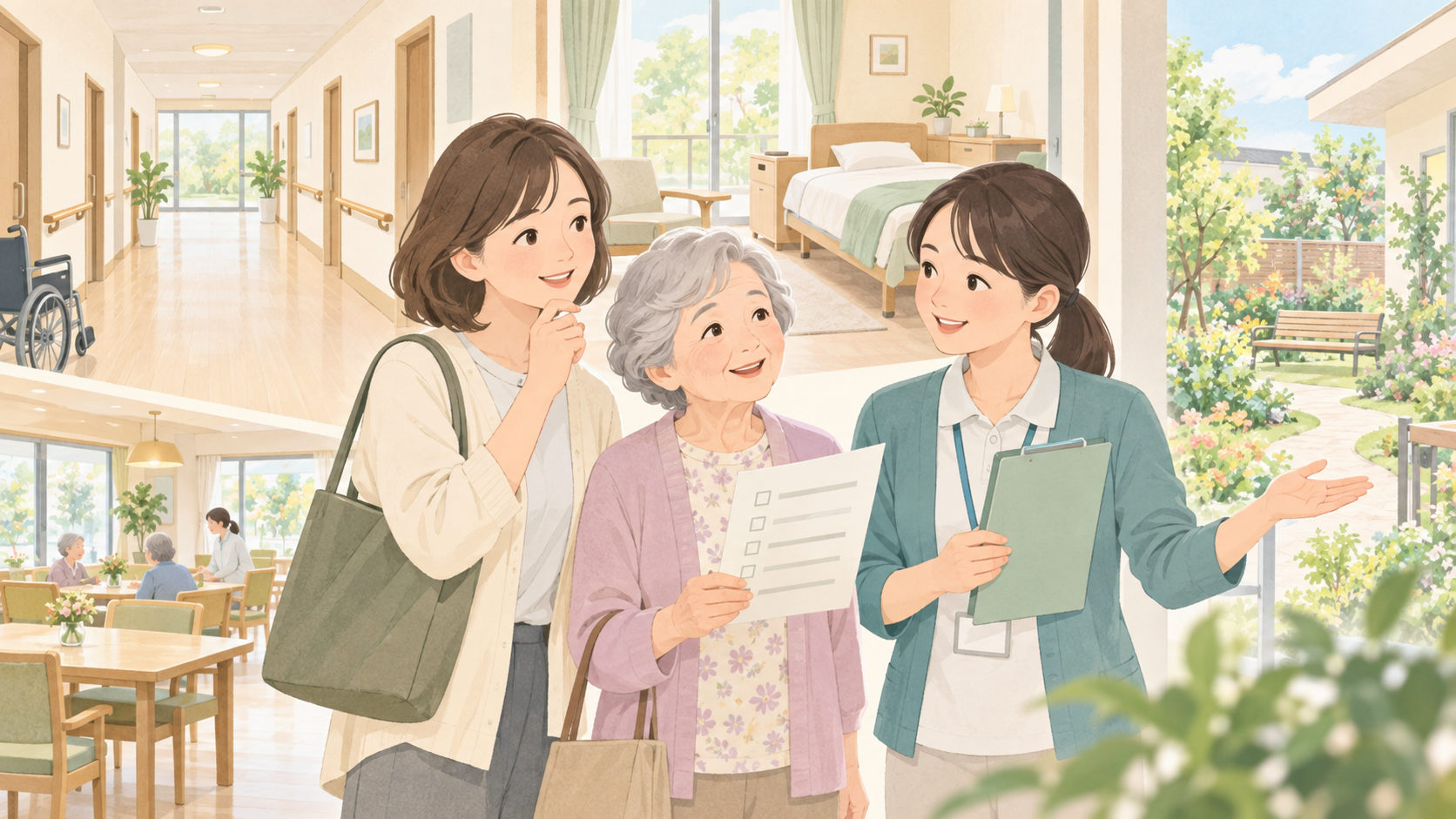 親の介護施設を見学する親子と施設職員